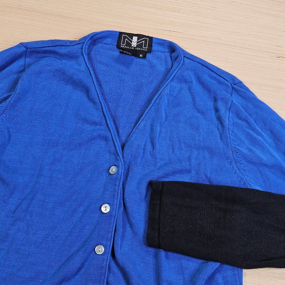 Maille Ishyu Cardigan Women S Blue Black Silk Colorblock V-Neck Lightweight